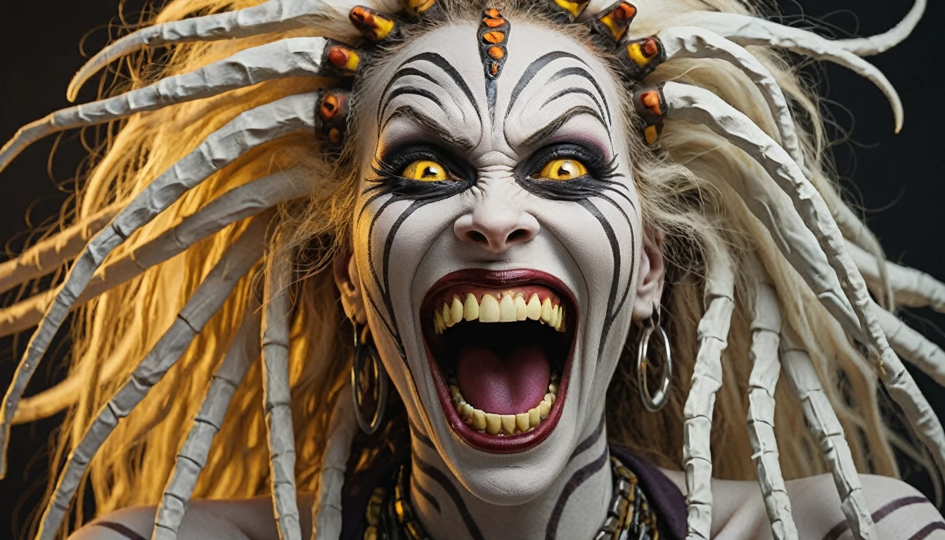 White Female Legba, maniacal laughter, yellow eyes wide open crazed look. Beautiful face.