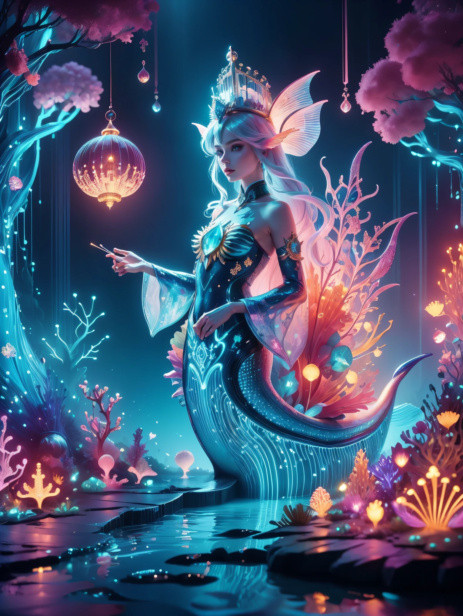 (Neon)，Circuit Board，(Underwater castle), Glowing coral, Aquatic plants, Elegant fish, Vibrant colors, (Brightly lit, illuminate), Scenes, central, (Gorgeous shell throne), (Exquisite mermaid queen:1.3), (Delicate face), Decorated with pearl and shell jewelry, Loyal subjects, Dolphin pulling cart, Castle Palace，这个神奇的Scenes充满了奇幻世界的精髓, Fine fractal，smooth，vivid，Color ink，Shiny silhouette，(Ultra HD, masterpiece, precise, Anatomically correct, textured skin, High Detail, high quality, The award-winning, 8k), Super detailed, (1.4 times more realism)