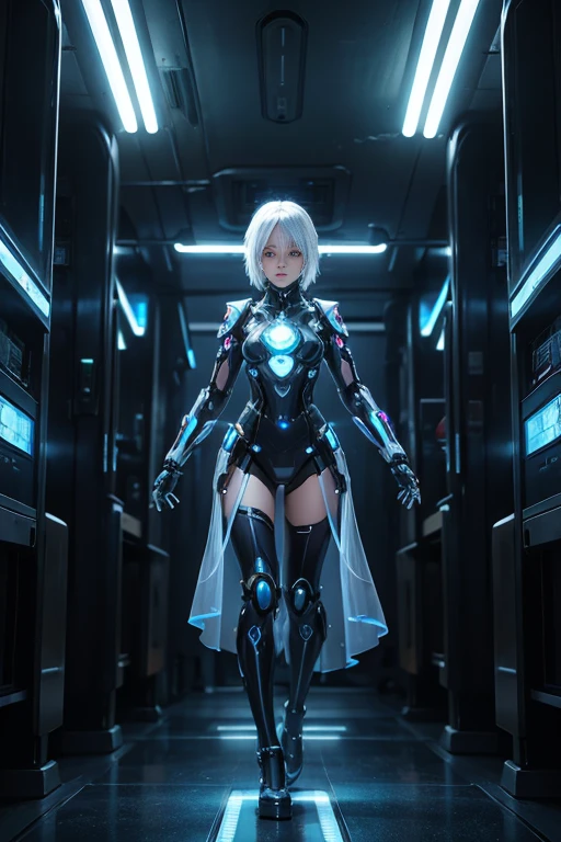 A translucent and mysterious mechanical girl, Futuristic Girl, Mechanical joint, Futuristic city background, Full Body Shot