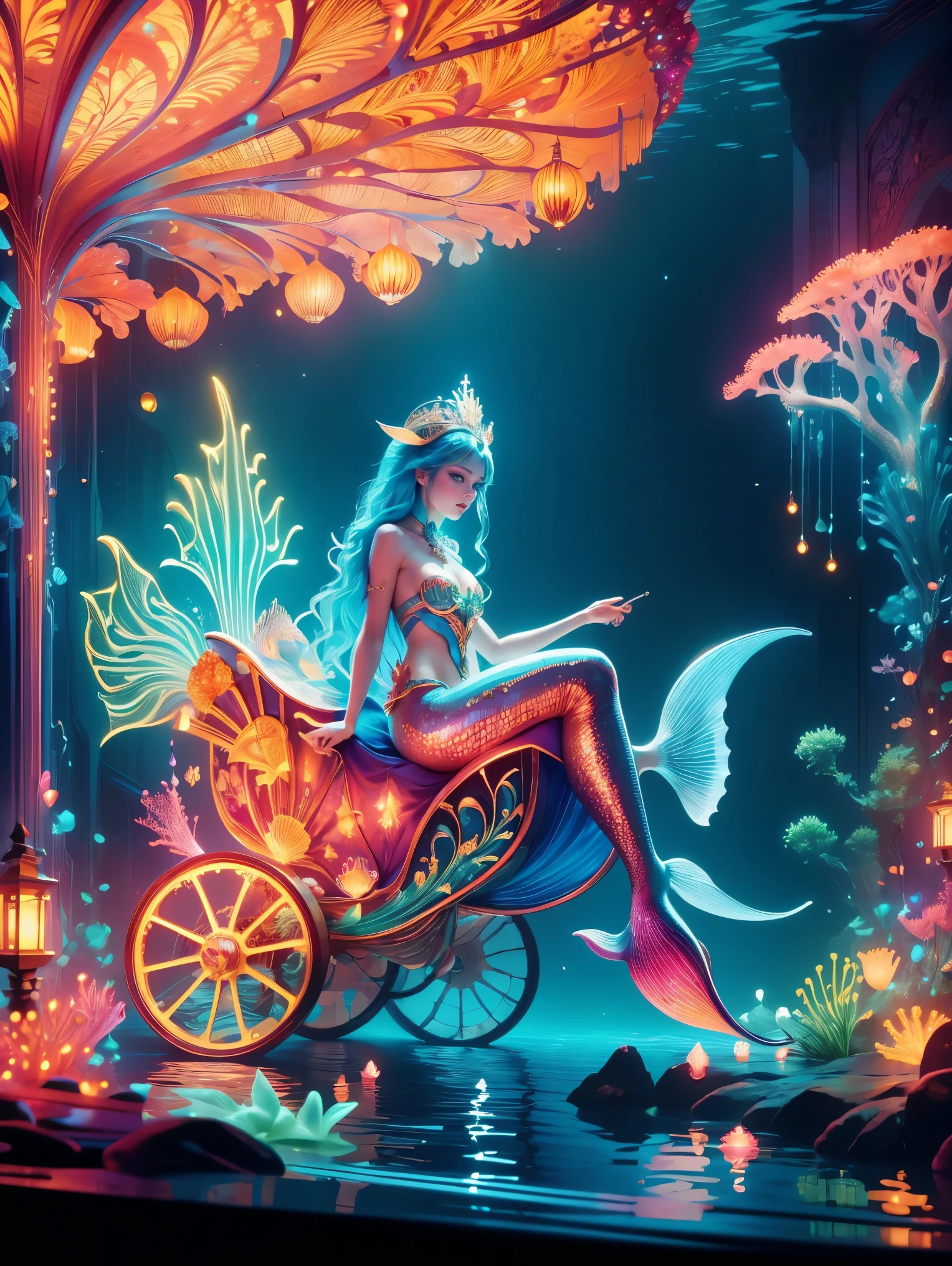 (Neon)，Circuit Board，(Underwater castle), Glowing coral, Aquatic plants, Elegant fish, Vibrant colors, (Brightly lit, illuminate), Scenes, central, (Gorgeous shell throne), (Exquisite mermaid queen:1.3), (Delicate face), Decorated with pearl and shell jewelry, Loyal subjects, Dolphin pulling cart, Castle Palace，这个神奇的Scenes充满了奇幻世界的精髓, Fine fractal，smooth，vivid，Color ink，Shiny silhouette，(Ultra HD, masterpiece, precise, Anatomically correct, textured skin, High Detail, high quality, The award-winning, 8k), Super detailed, (1.4 times more realism)