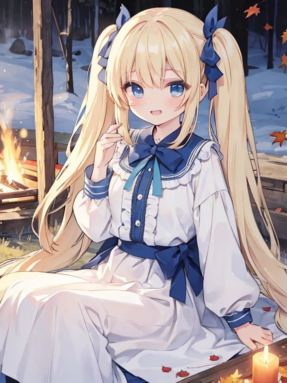 ((4K, masterpiece, highest quality)), cute,Light blonde hair, blue eyes,Very long twin tails,smile,Double teeth,close your eyes,View your viewers,Lens flare, autumn, camp, Bonfire