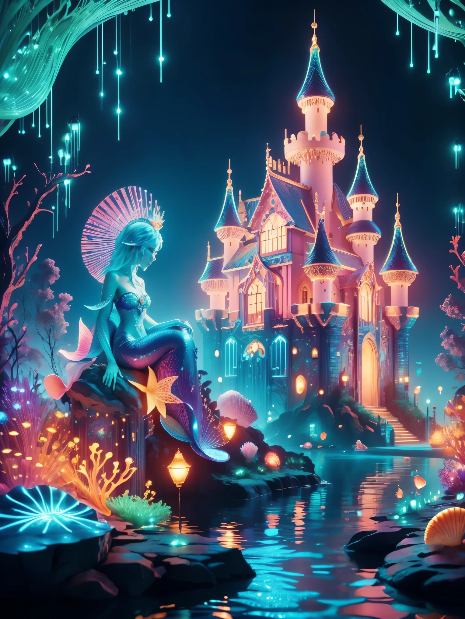 (Neon)，Circuit Board，(Underwater castle), Glowing coral, Aquatic plants, Elegant fish, Vibrant colors, (Brightly lit, illuminate), Scenes, central, (Gorgeous shell throne), (Exquisite mermaid queen:1.3), (Delicate face), Decorated with pearl and shell jewelry, Loyal subjects, Dolphin pulling cart, Castle Palace，这个神奇的Scenes充满了奇幻世界的精髓, Fine fractal，smooth，vivid，Color ink，Shiny silhouette，(Ultra HD, masterpiece, precise, Anatomically correct, textured skin, High Detail, high quality, The award-winning, 8k), Super detailed, (1.4 times more realism)