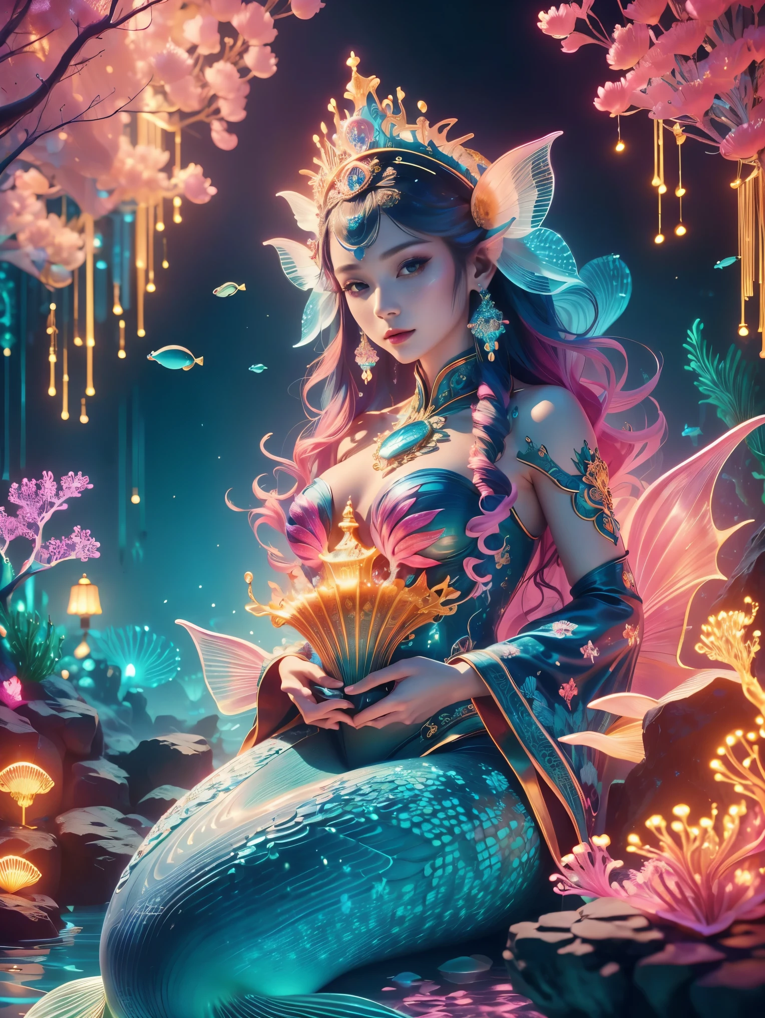 (Neon), Circuit Board, (Underwater castle), Glowing coral, Aquatic plants, Elegant fish, Vibrant colors, (Brightly lit, illuminate), Scenes, central, (Gorgeous shell throne), (Exquisite mermaid queen:1.3), (Delicate face), Decorated with pearl and shell jewelry, Dolphin pulling cart, Castle Palace,这个神奇的Scenes充满了奇幻世界的精髓, Fine fractal, smooth, vivid, Color ink, Shiny silhouette,(Ultra HD, masterpiece, precise, Anatomically correct, textured skin, High Detail, high quality, The award-winning, 8k), Super detailed, (1.4 times more realism)