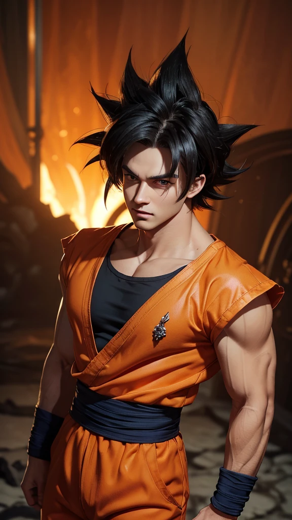 Masterpiece, Ultra realistic, 16k, high quality, incredibly detailed, dream aesthetic, dream atmosphere, pretty man. Tall. Son Goku (base form) from Dragon Ball Z (Majin buu saga), realistic black hair, messy spiky hair. Black bright eyes, intense eyes look, shiny serious eyes. hair fluttering. blushing cheeks. tanned skin illuminated, realistic perfect shading, absurdres, realistic textures, pretty man, looking at viewer, standing. Tall. (realistic texture) orange goku shirt. dark blue shirt (under),dark blue waist band (hyper realistic), orange pants (real texture). details (detailed textures). quarry (background unfocused), masterpiece, best quality, Photorealistic.