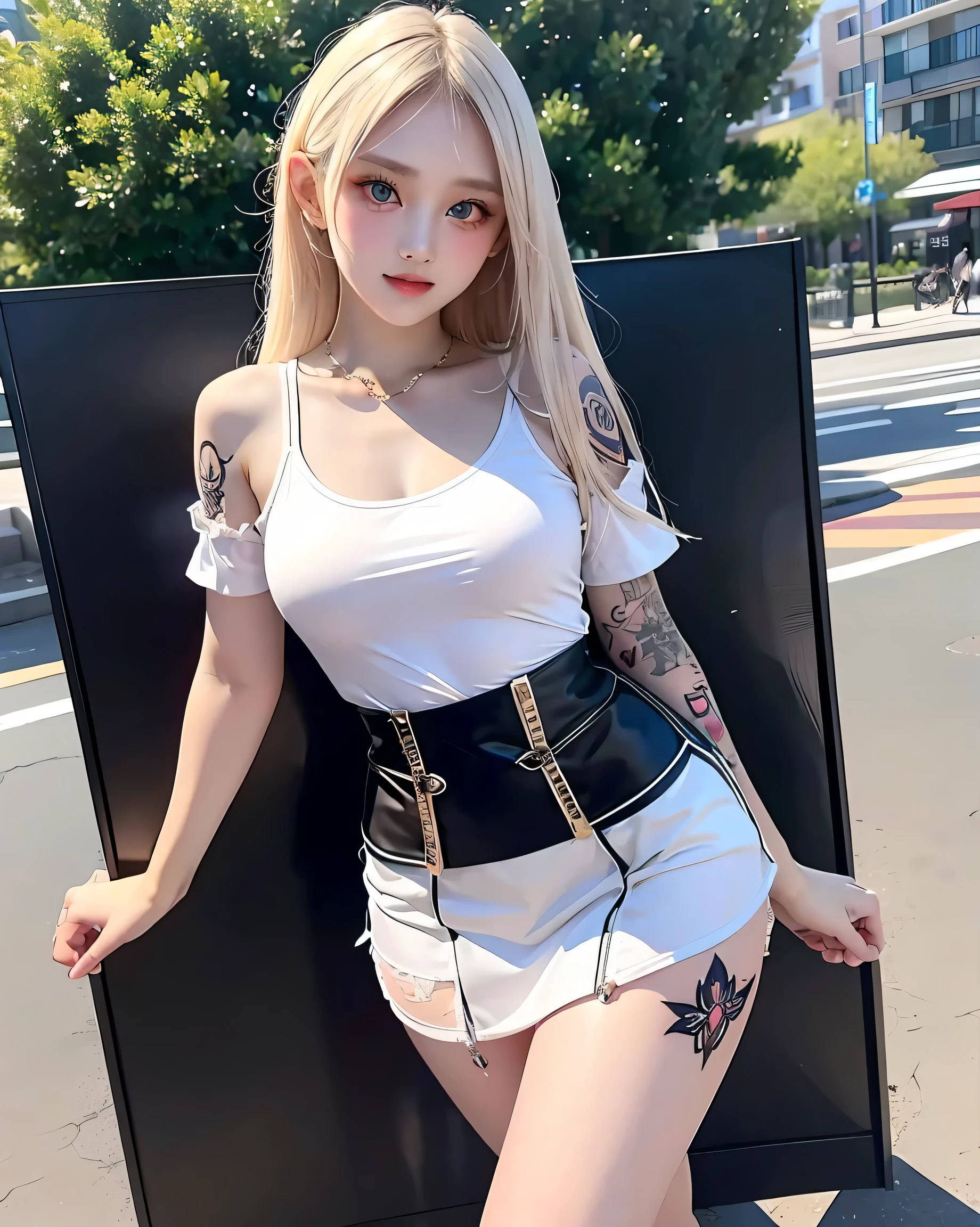 masterpiece, highest quality, One Girl, beautiful, got it, delicate, extremely difficult, detailed, blonde, Jacket, blue eyes, ((masterpiece)), extremely detailed, highest quality, High resolution, ((at the park)), Bridget, smile,Wet skin and hair, blonde, (White shirt, Torn, No underwear), (Sexually excited expression:0.7), Long Hair, Open ((Perfect body)), Realistic Fashion, High resolutionシステムのdetailed, photo shoot , Sharpness,(((He has many tattoos all over his body)), (((Tight waist))), ((Big Breasts)),(See-through),panties
