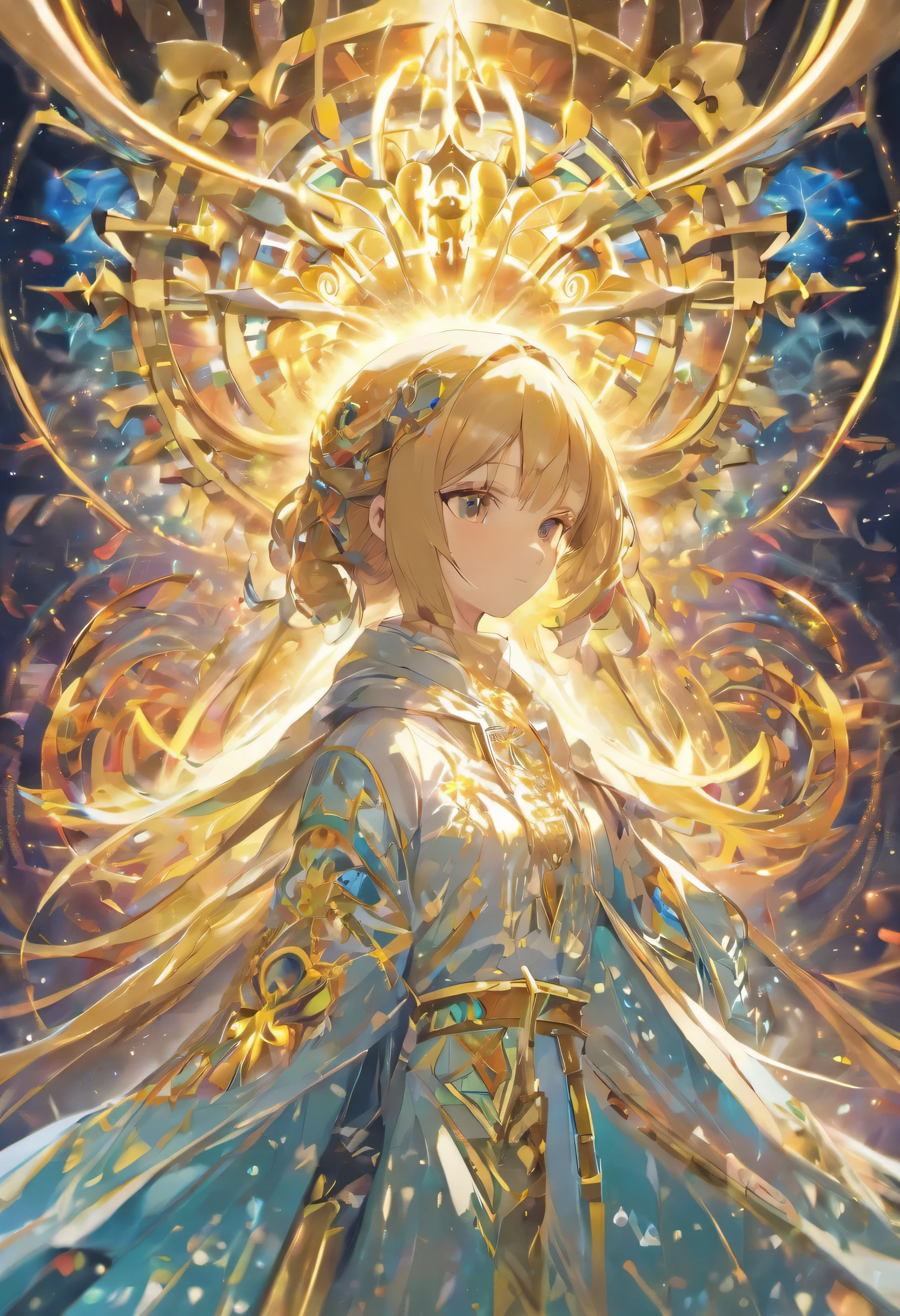 (masterpiece, top quality, best quality, official art, beautiful and aesthetic:1.2), (1girl), extreme detailed, (fractal art:1.3), colorful, highest detailed, perfect face, upper body, HDR, (praying:1.3), (white cloak golden lines:1.2), galaxy, (light streaks), striking visuals, (dynamic streaks, luminous trails:1.2), vibrant colors,