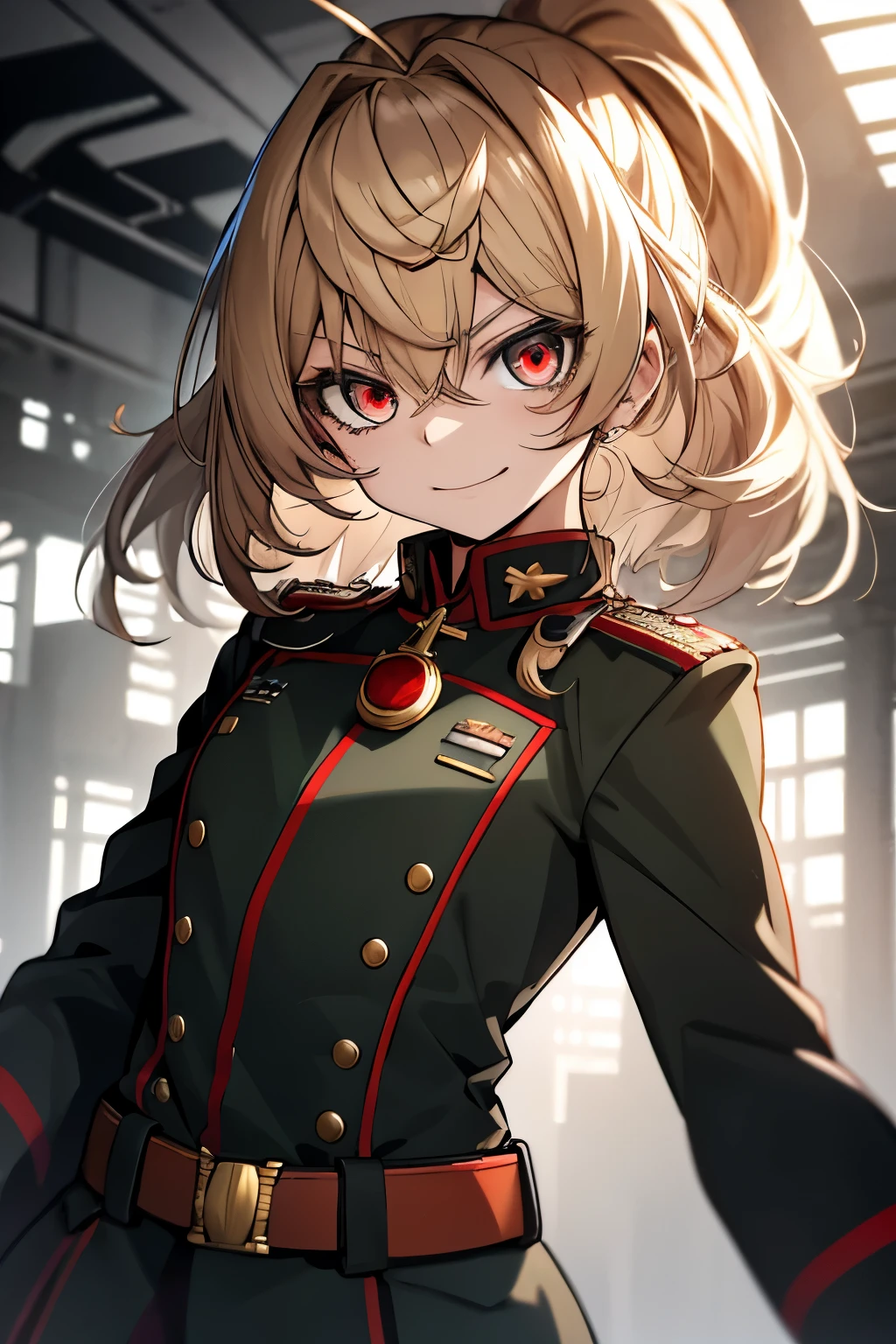 (masterpiece, best quality: 1.1), 1girl solo, tanya, 1girl, solo, , flat chest, small breasts, curvy, military, military uniform, ,, evil smile, wicked expression, anger, red eyes, neutral lighting