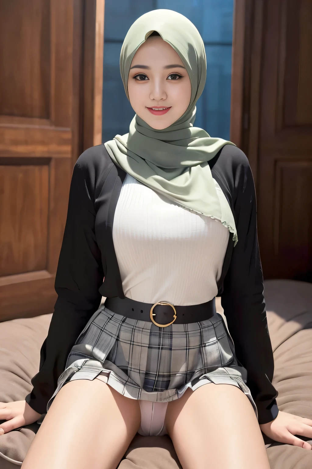 (4k, highres, masterpiece:1.2), ultra-detailed, (realistic:1.37), professional, portrait, Arabian, model, hijab, photo studio, romantic background, beauty, body, sexy, dress, uniform, cosplay, student, plaid mini skirt, white panties, sensual pose, open legs, smile, vivid colors, Bokeh, soft lighting