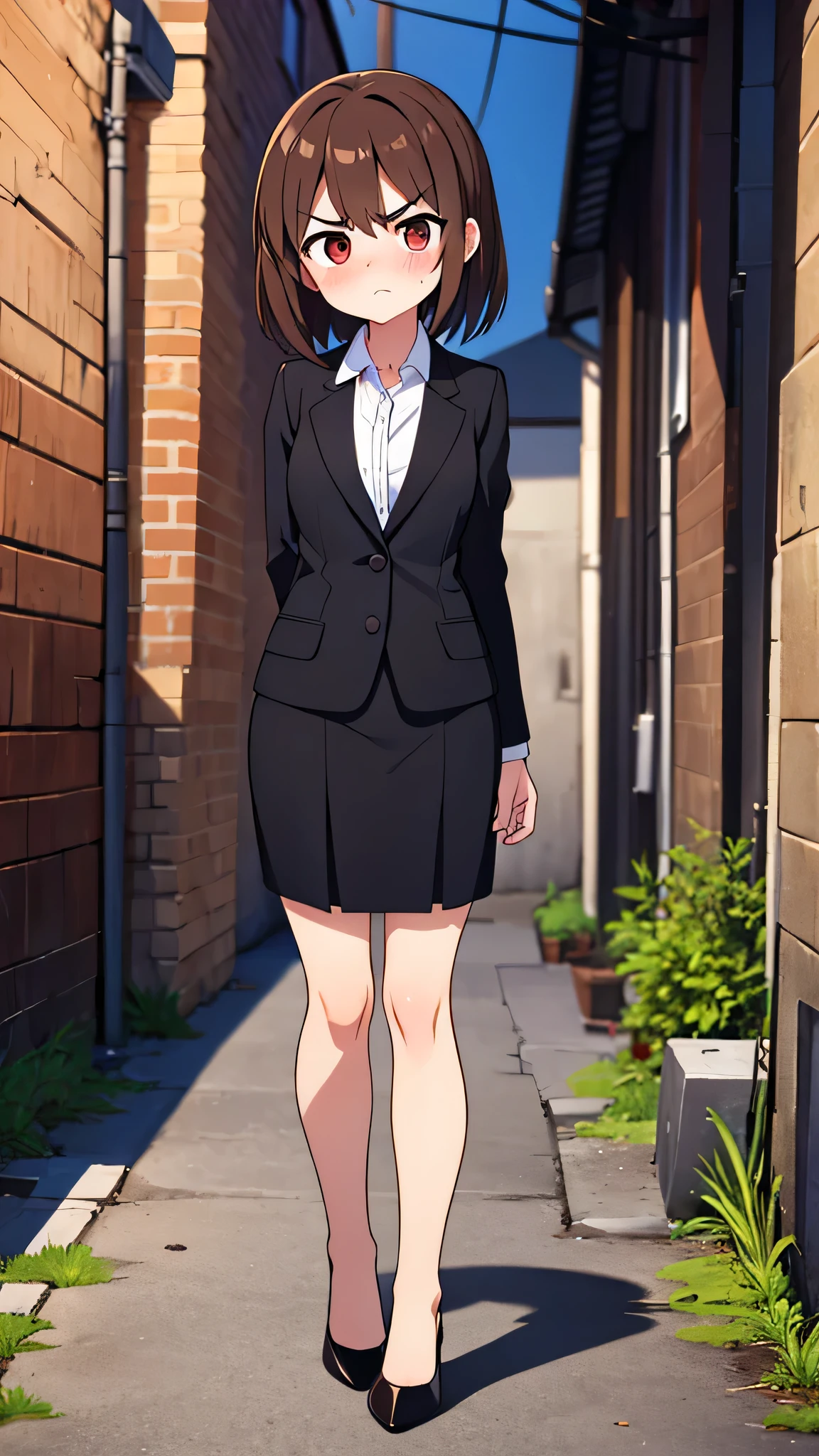 masterpiece、highest quality),Brown Hair,girl,Are standing,Lean your body forward a little,Back Alley,In a suit,OL,Woman with an angry face,Blushing,Slender women, A woman wearing plain black pumps,Bare feet and pumps,Open collar,Estrus