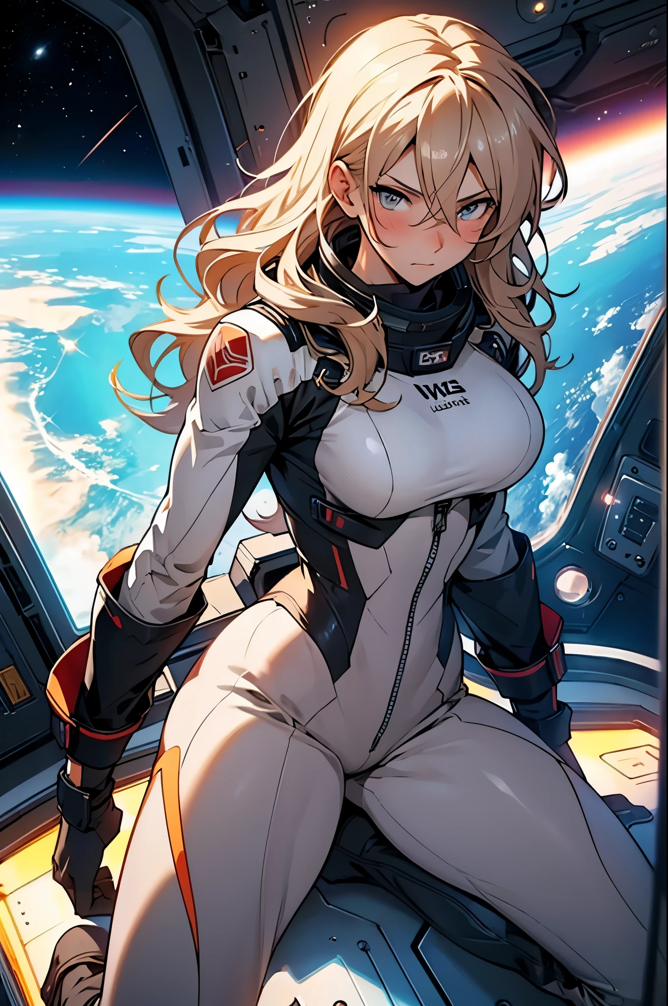 sandy hair, fit body, large breasts, slender thighs, slender waist, pilot suit, solo looking at viewer, in space, long hair, blushing determination