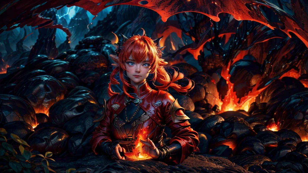 (best quality,4k,8k,highres,masterpiece:1.2),ultra-detailed,(realistic,photorealistic,photo-realistic:1.37),a girl pouring water onto a lava demon,lucid colors,contrast lighting,detailed texture,transformational art,pure imagination, a vivid scene,lush green garden,lava glowing with intensity,vibrant nature,curiosity and bravery,elemental chaos and order, ethereal atmosphere,powerful and dynamic composition, the world of fantasy and reality merging, a magical encounter,a breathtaking moment,serenity amidst danger,interaction between human and supernatural beings,deep emotion in the girl's eyes,focus on the girl's determined expression,mysterious aura surrounding the scene,dramatic lighting emphasizing the contrasts,subtle movement in the lava demon's body,textured flames dancing with energy,unleashing the power of nature,blending of two opposing forces,harmony in chaos,The interaction between the unrestrained and cute girl and the powerful and wild lava devil，The girl bravely faced the lava devil，A vibrant jug in hand，Her eyes are full of determination and courage，Facing unprecedented challenges，The plants in the garden are full of vitality，The lava devil emits a dazzling red light，Create stunning images，Conveys strong emotions and a stunning sense of mystery。