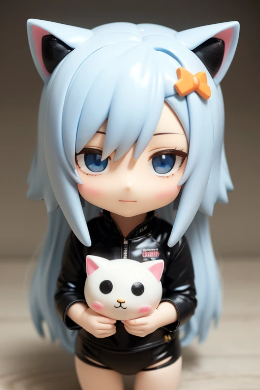 Cat ear doll, Long Hair, 2 heads, Anime girl with white hair and blue eyes, White cat lady, eyes in the style of Nendoroid, Nendoroid eyes, style as Nendoroid, water color Nendoroid, Nendoroid, Nendoroid 3 d, Nendoroid, Swimsuit, She has a pretty, expressive face, an anime Nendoroid of karl marx