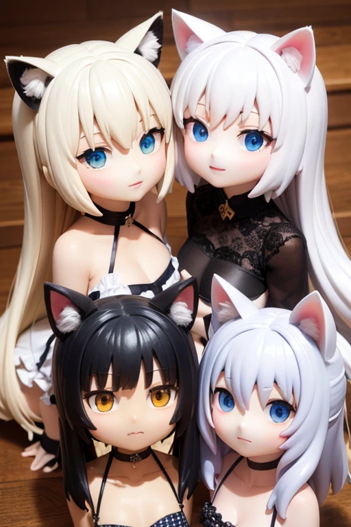 Cat ear doll, Long Hair, 2 heads, Anime girl with white hair and blue eyes, White cat lady, eyes in the style of Nendoroid, Nendoroid eyes, style as Nendoroid, water color Nendoroid, Nendoroid, Nendoroid 3 d, Nendoroid, Swimsuit, She has a pretty, expressive face, an anime Nendoroid of karl marx