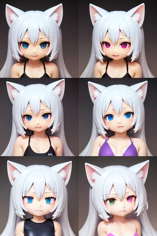 Cat ear doll, Long Hair, 2 heads, Anime girl with white hair and blue eyes, White cat lady, eyes in the style of Nendoroid, Nendoroid eyes, style as Nendoroid, water color Nendoroid, Nendoroid, Nendoroid 3 d, Nendoroid, Swimsuit, She has a pretty, expressive face, an anime Nendoroid of karl marx