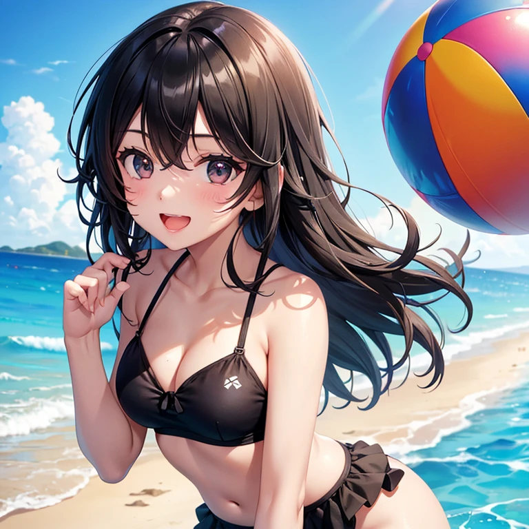 A young girl in a black swimsuit on the beach holding a beach ball (Cabello negro y amarrado, ojos marrones, happy expression, cuerpo atractivo)