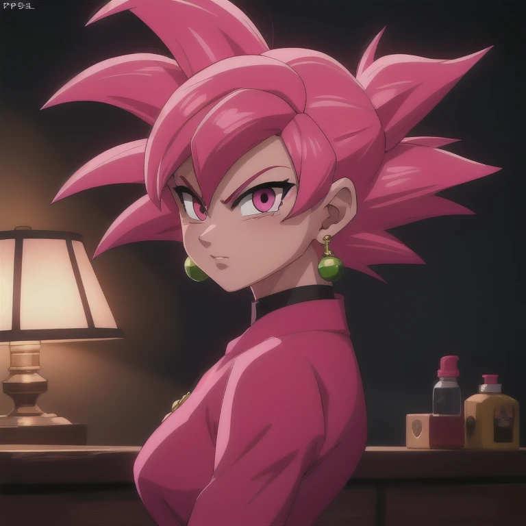 Best_QualityPos, RAW photo, intricate details, best quality, 8k uhd, soft lighting, 1girl, solo, pink eyes, pink hair, spiked hair, single earring, dougi 