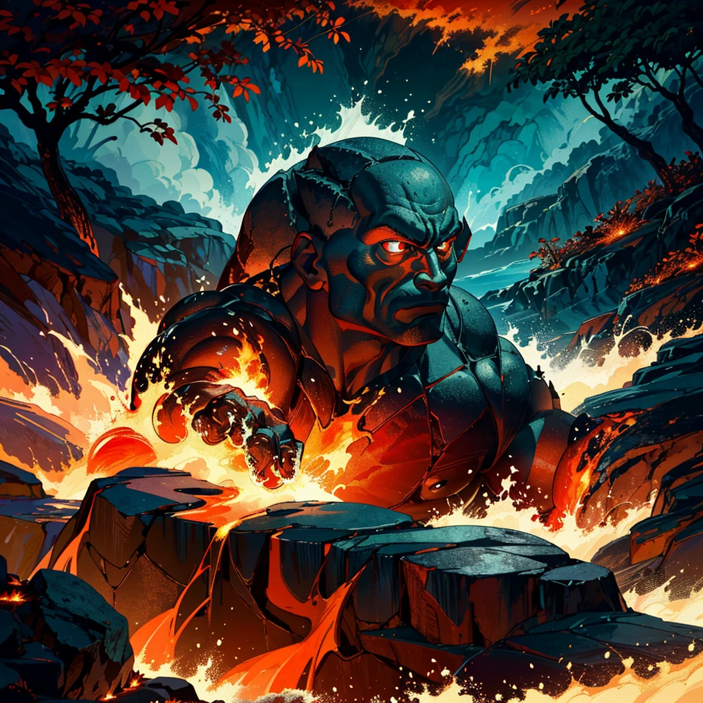 WWE superstar, The Rock, portraying a Lava Demon, emerges from a fiery pool of molten lava in the lush tropics of Hawaii. With an intense gaze and a powerful presence, he strides across the scorched earth, leaving a trail of smoldering footprints in his wake. The vibrant green foliage surrounding him contrasts with the fiery red and orange hues of the lava, creating a stunning visual contrast. As he approaches the edge of the beach, the waves crash against the shore, steam rising from the impact. The Rock's muscular physique is enhanced by the dramatic lighting, showcasing every sinew and muscle definition. The atmosphere is filled with a sense of anticipation and awe as onlookers witness the mighty Lava Demon's unstoppable journey towards the sea. The scene is rendered in ultra-realistic detail, capturing the intricate textures of the lava, the foliage, and The Rock's fiery transformation. The overall color palette is rich and vibrant, with deep reds, oranges, and greens, accentuated by the warm glow of the sunlight peeking through the dense canopy of trees. The lighting creates dynamic shadows and highlights, adding depth and dimension to the composition. The prompt highlights The Rock's portrayal as a Lava Demon, the tropical setting, the lava, the scorched earth, the lush foliage, and the sea. It emphasizes the highest quality, ultra-detailed, and photorealistic aspects of the image, ensuring a masterpiece of a visual depiction.