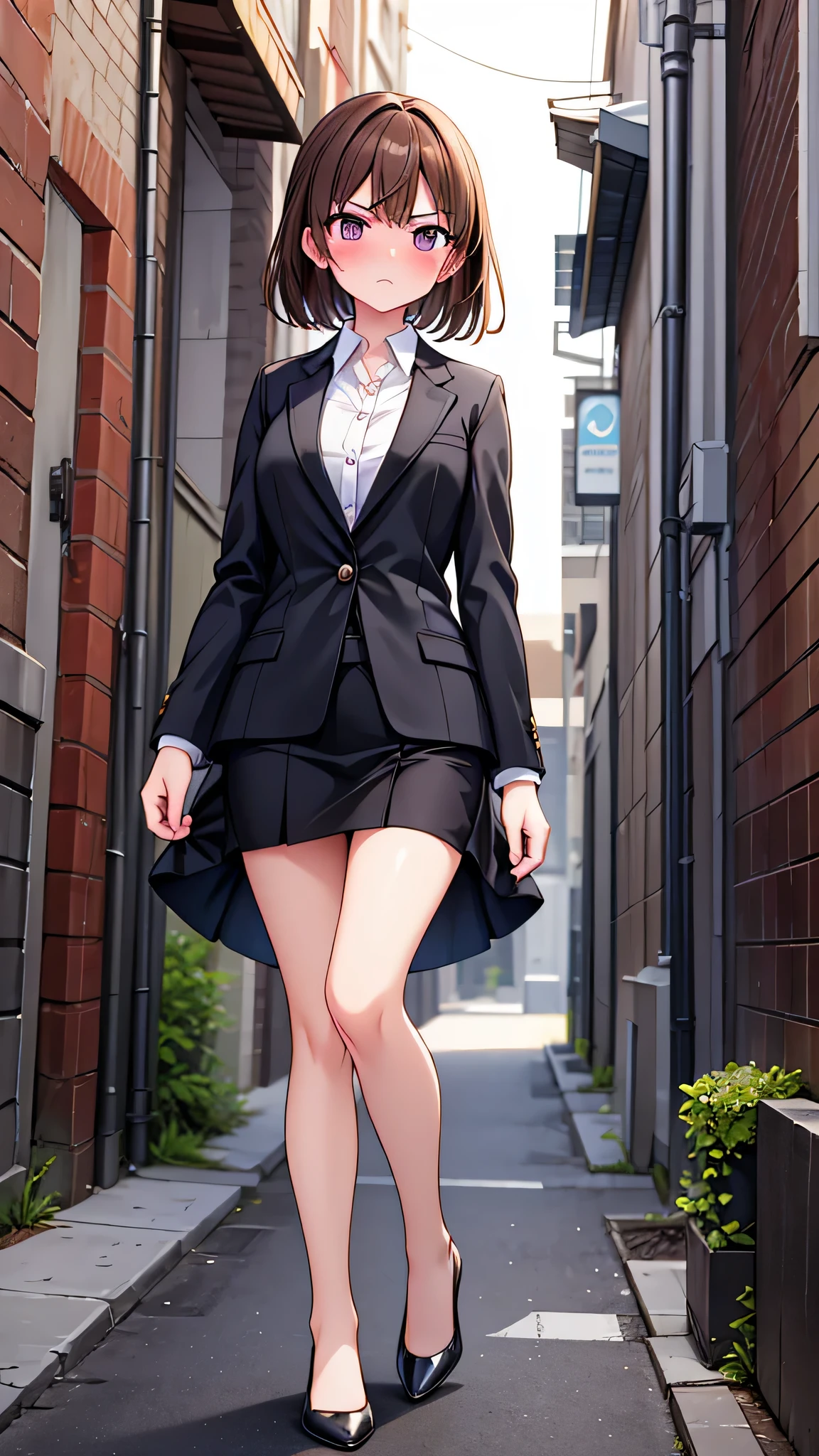 masterpiece、highest quality),Brown Hair,girl,Are standing,Lean your body forward a little,Back Alley,In a suit,OL,Woman with an angry face,Blushing,Slender women, A woman wearing plain black pumps,Bare feet and pumps,Open collar,Estrus