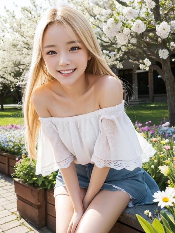 Smiling with eyes and mouth open、A pretty blonde girl sitting in a wariza in a flower park。She had her long hair blowing in the wind、Surrounding flowers々Surrounded by the scent of。That smile is、As warm as the spring sunshine、Gives a pleasant feeling of happiness。She is such a、White off-shoulder、Bare legs、Wearing a miniskirt、It&#39;s like a single flower blooming in the park.、Expand your imagination、What charm will her smile have in this landscape?、Picture it。