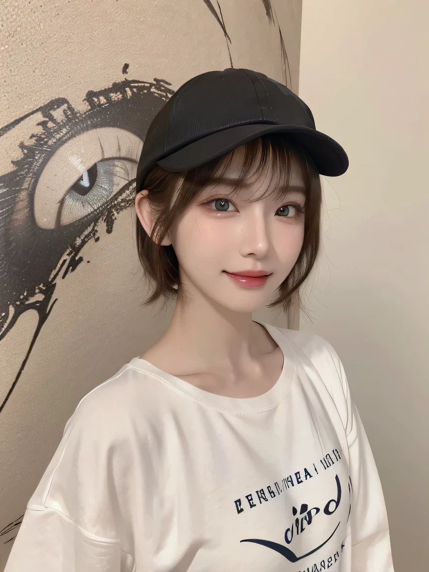 Best image quality、original photo、ultra high resolution、21 years old Korean、small breasts、dynamic angle、Cowboy shooting、The most beautiful form of chaos、elegant、Innovative design、bright colors、,light brown short hair、disheveled hair、light brown eyes 、black baseball cap(Facial expressionSmile)、short bob、Smile、Fair and shiny skin、beautiful eyes，random colors、The details are very beautiful、thin lips、Delicate and beautiful eyes、elongated eyes、Pale pink cheeks、long eyelashes、beautiful double eyelids、eye shadow、he、White Large T-shirt Sweatshirt、baggy pants、Shot from the side、sexy pose、enlarge