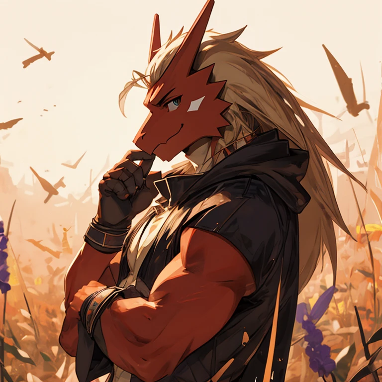 portrait of Blaziken, pastels, smile, , cool, crossed arms