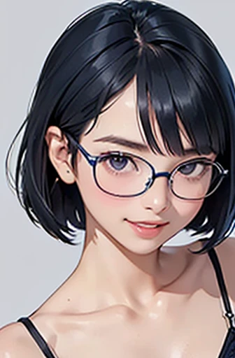 (masterpiece), (8k, best quality, high resolution), (ultra-detailed, realistic), (anatomically correct),
((face close-up)), (Standing), (No background),
(1woman), (looking at viewer),
(A Japanese woman, 30 years old and 155cm tall.),
(black hair), (straight hair), (short hair style), (bob cut), (hair behind ears),
(wear glasses), ((black cell frame glasses)),
((Wear a navy blue spaghetti strap dress)), (Mini length dress with simple design),
(Create a detailed image of the eye),
(Her impression is pure, clean and kind.),
((A captivating smile, just showing a few teeth.)),