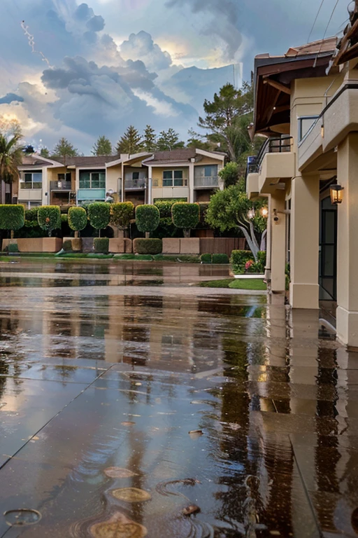Rainy day in California. Luxury condo community. Rain storm. No humans.