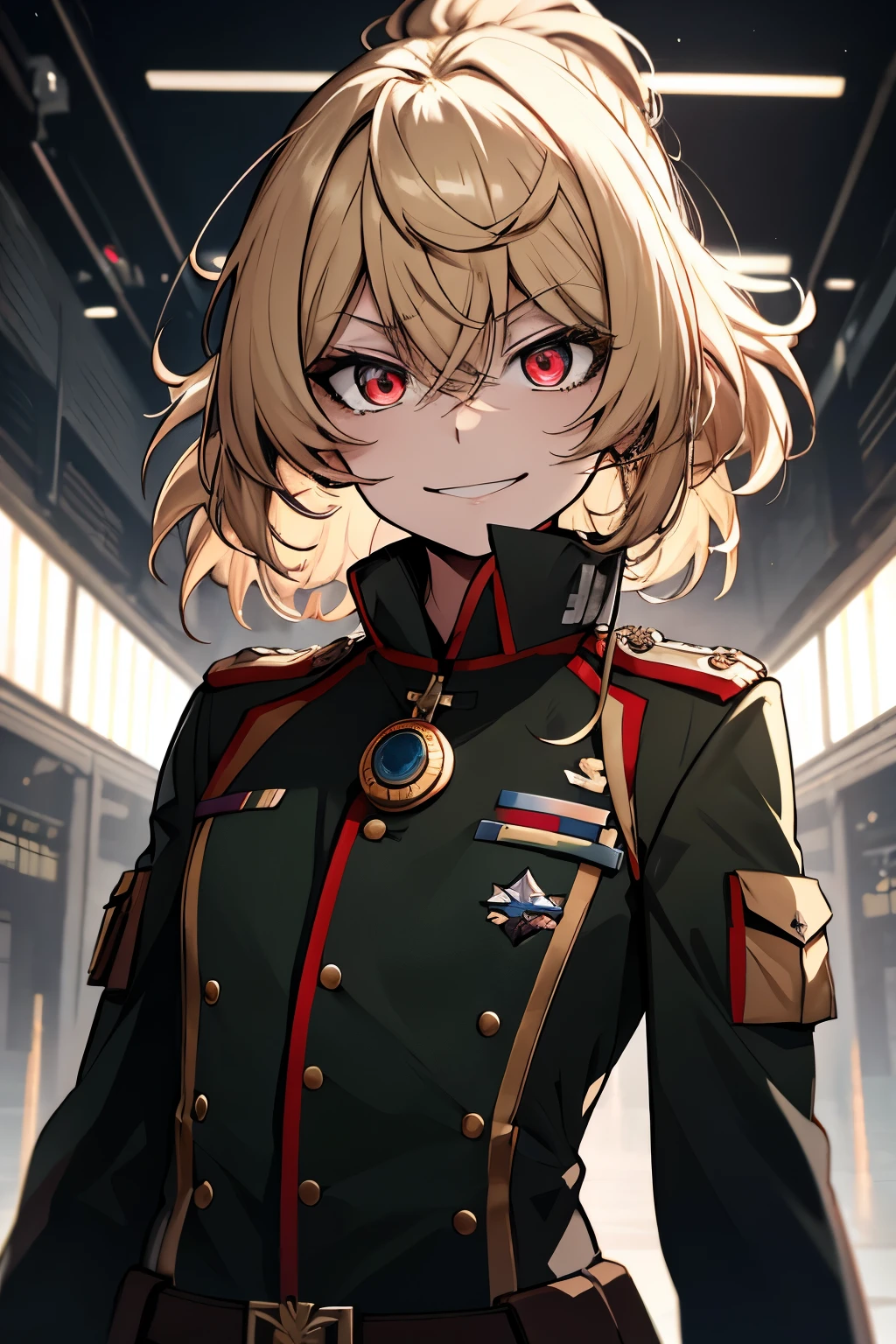 (masterpiece, best quality: 1.1), 1girl solo, tanya, 1girl, solo, , flat chest, small breasts, curvy, military, military uniform, ,, evil smile, wicked expression, anger, red eyes, neutral lighting