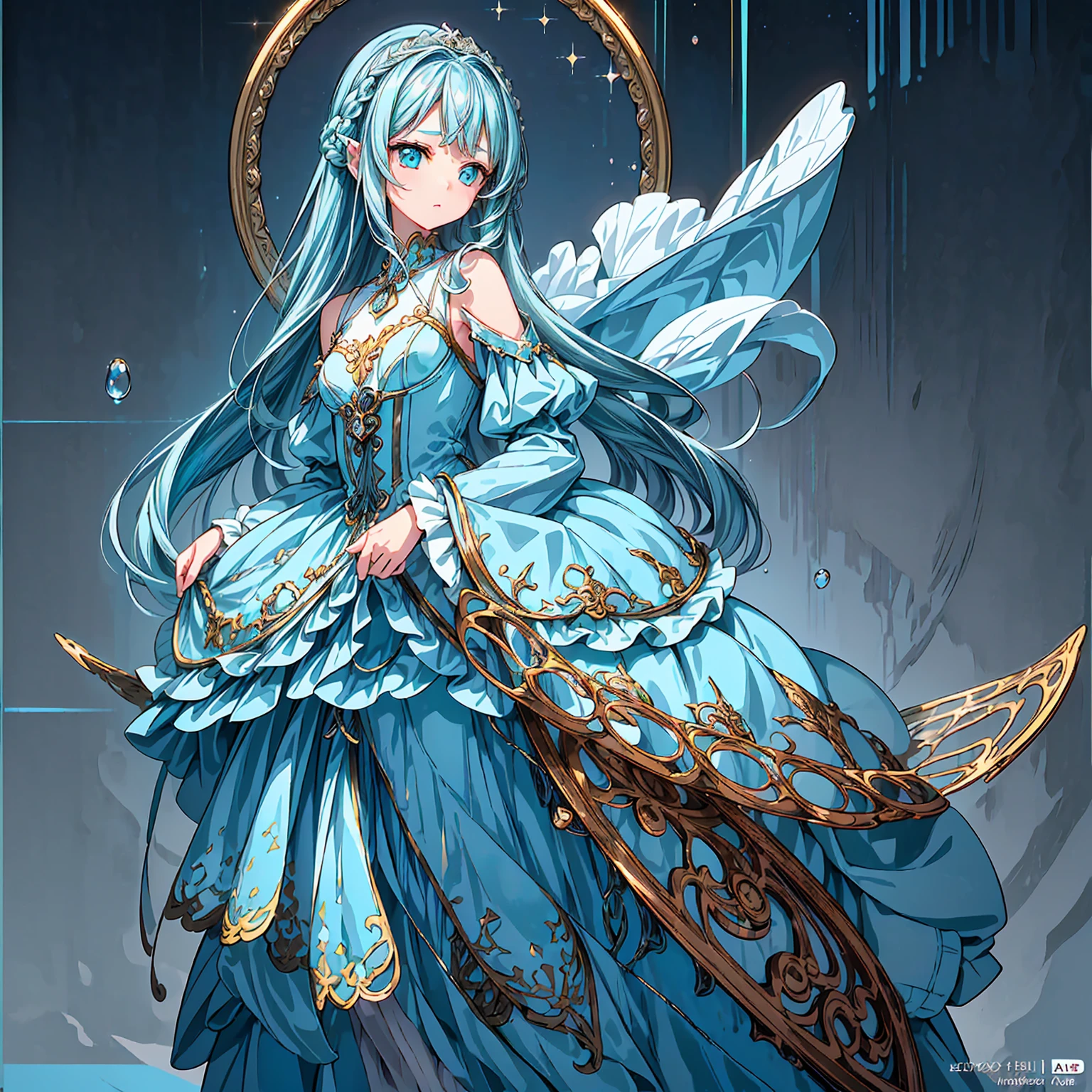 masterpiece, best quality, extremely detailed, (illustration, official art:1.1), 1 girl ,(((( light blue long hair)))), ,(((( light blue long hair)))),light blue hair, ,10 years old, long hair ((blush)) , cute face, big eyes, masterpiece, best quality,(((((a very delicate and beautiful girl))))),Amazing,beautiful detailed eyes,blunt bangs((((little delicate girl)))),tareme(true beautiful:1.2), sense of depth,dynamic angle,,,, affectionate smile, (true beautiful:1.2),,(tiny 1girl model:1.2),)(flat chest)),(((masterpiece, best quality, 8k resolution, sharp focus,(Masterpiece), (Best quality), (1 girl)), Amazing, Beautiful detail eyes,masterpiece, best quality, 8k resolution, sharp focus, intricate detail, beautiful girl, sparkling eyes, golden ratio face, otherworldly liquid, watercolor, pastel colors, bright colors, whimsical, colorful, sharp focus, high resolution, fine detail, ((layered tiered puffy long sleeves ballgown)), ((round eyes)), iridescent bubbles, fantasia background,full body,