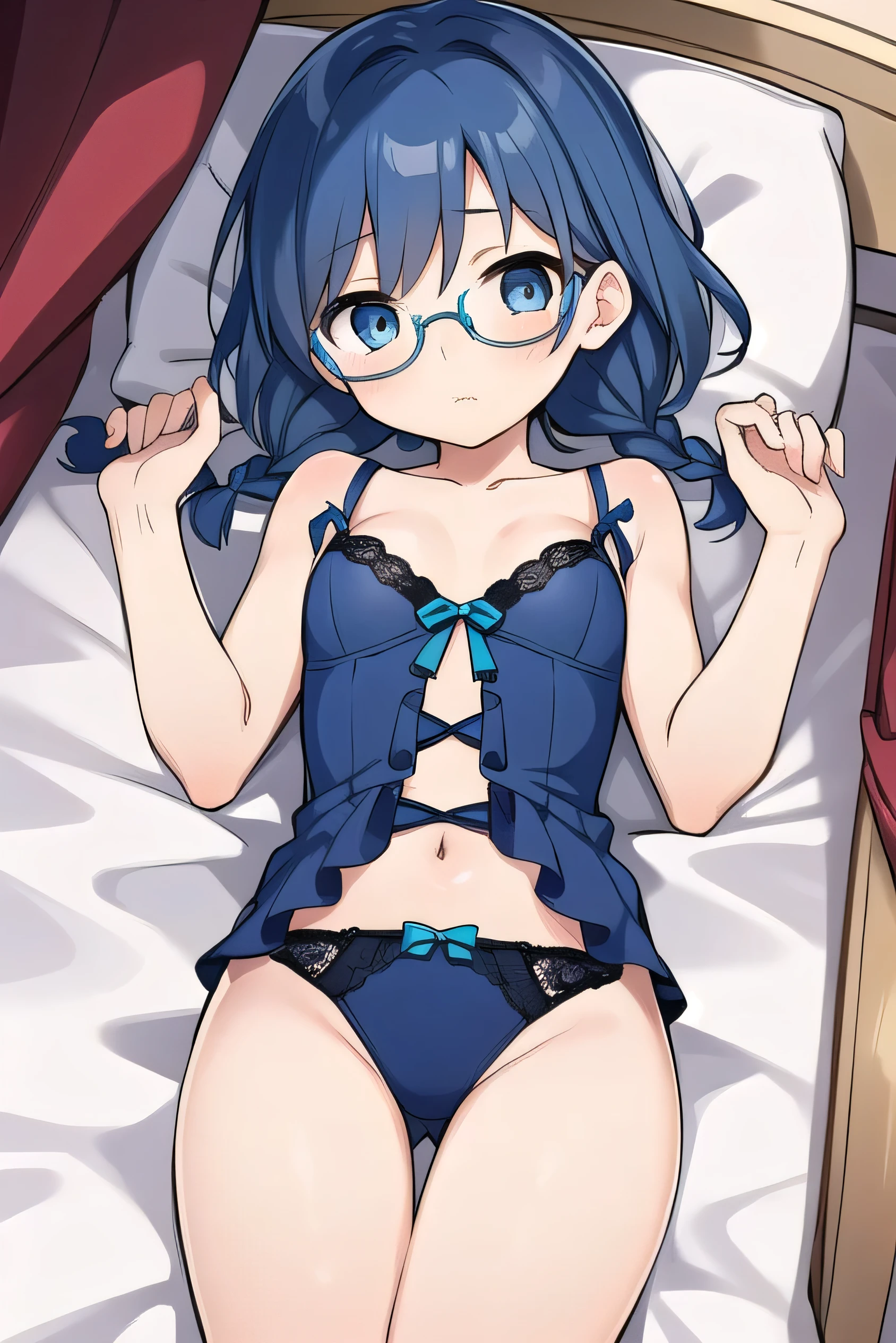 small breasted girl, short, , blue hair, fishtail braid, blue eyes, round eyes, shy, shy, , short, young face, short height, , glasses with no edges,(Lingerie Set)，bed,lying on back