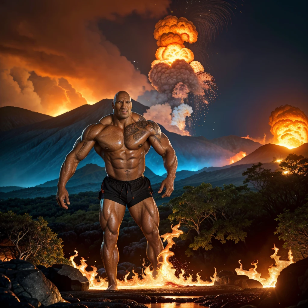 (best quality,4k,highres,masterpiece:1.2),ultra-detailed,(realistic:1.37),WWE superstar The Rock, Lava Demon, lush tropics of Hawaii, rises from a pool of lava, scorches the earth, walks to the sea, volcanic eruptions, intense heat, molten lava, smoldering flames, dramatic landscape, exotic plants, vibrant foliage, towering palm trees, scenic beauty, steam rising, intense red and orange hues, billowing smoke, glowing embers, powerful presence, muscular physique, awe-inspiring, fierce expression, penetrating eyes, chiseled features, lava-like skin texture, lava sparks, fiery aura, searing radiance, epic battle, volcanic energy, primal force, unstoppable, legendary strength, immortal being, otherworldly transformation, volcanic island paradise