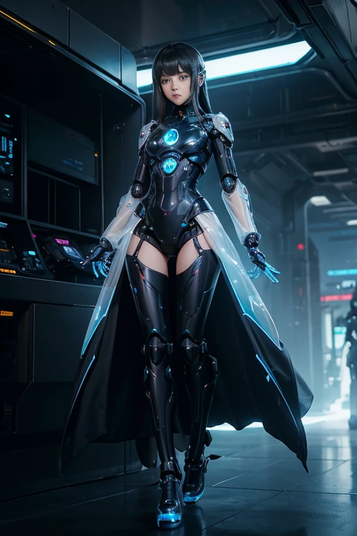 Translucent and Mysterious Mechanical Girls,
 All futuristic girls,
 All figures have mechanical joints except for the face.,
 They all have different body colors,
 All perfect human faces,
 All heights、Top size,Futuristic city background, Full Body Shot