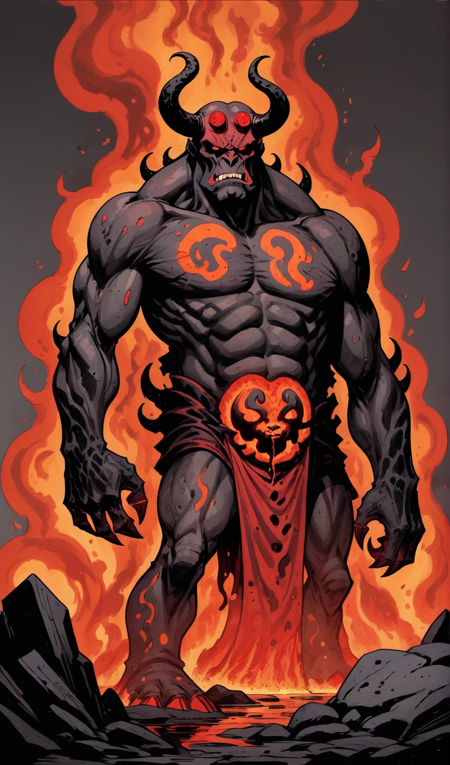 mike mignola style reference, Hellboy as a lava demon, hot molten semifluid rock, magma and lava coloring (black, red, gray, brown and tan, metallic sliver,) deep fiery rich color grading for shading depth, hand drawn, expressive bold ink lines,