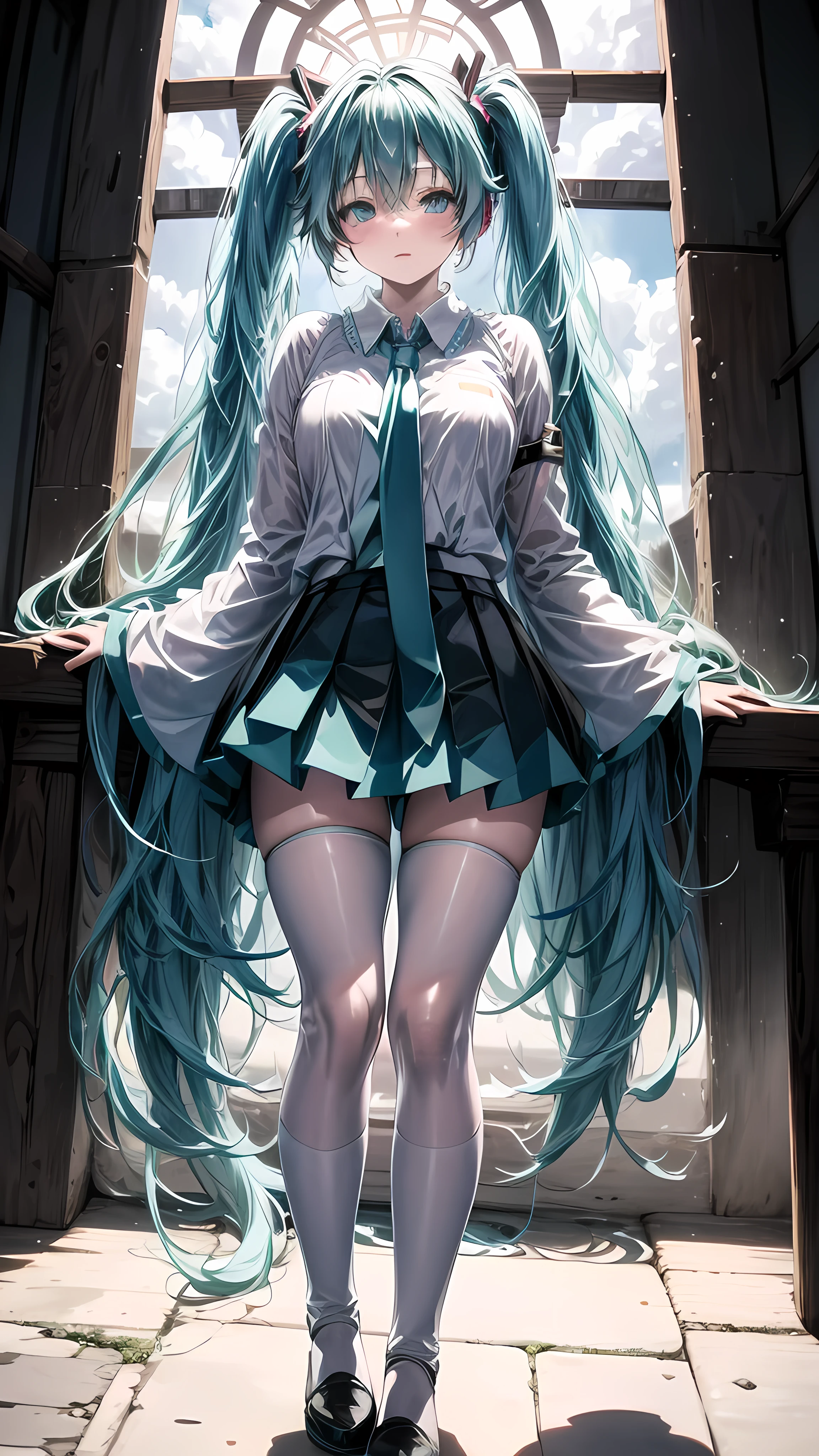 Hatsune Miku and Jesus guiding souls to heaven, clouds, mystical lights, heavenly light, gates of heaven, vibrant color, flowers