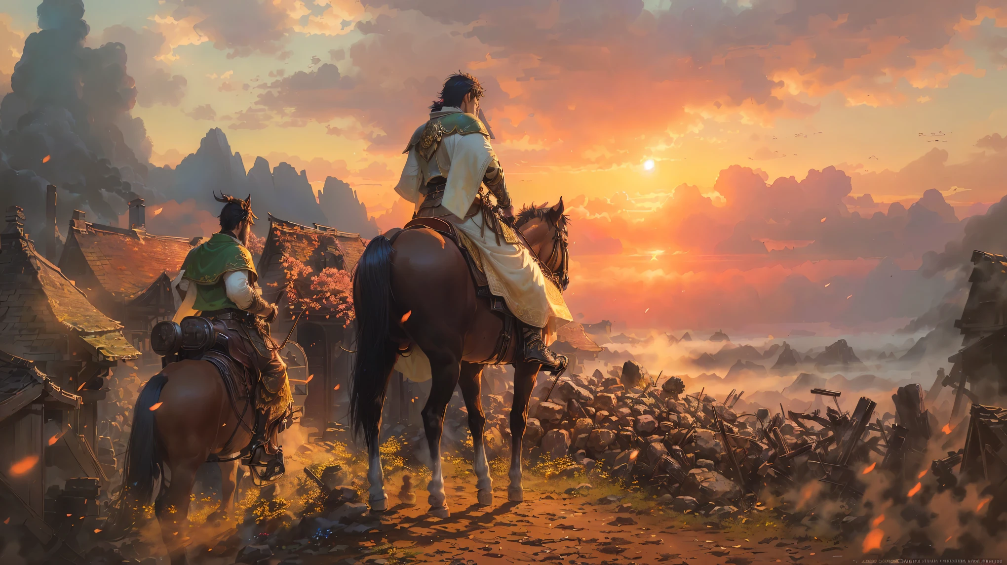 A man on horseback，There are a group of people around, author：Yang Jie, Award-winning epic painting, Movie Fantasy Painting, author：Zhang Han, author：Raphael Lacoste, Wojtek Fuss, author：Mike Winkelmann, James Gurney and Andreas Rocha, Highly detailed 4k art, Martin Raphael Lacoste, by Feng Zhu, Detailed 4k