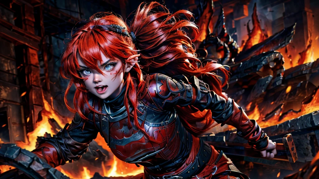 (a girl,fighting,lava demon),oil painting,highly detailed facial features and expressions, flowing red hair, intense fiery eyes, determined expression, vibrant red and orange colors, dynamic poses, dramatic lighting, realistic textures, epic battle backdrop, dark and ominous atmosphere, masterfully painted shadows, rich and bold brushstrokes, captivating and immersive composition. (best quality,4k,highres,masterpiece:1.2),ultra-detailed,realistic:1.37,HDR,UHD,studio lighting,physically-based rendering,professional,vivid colors.