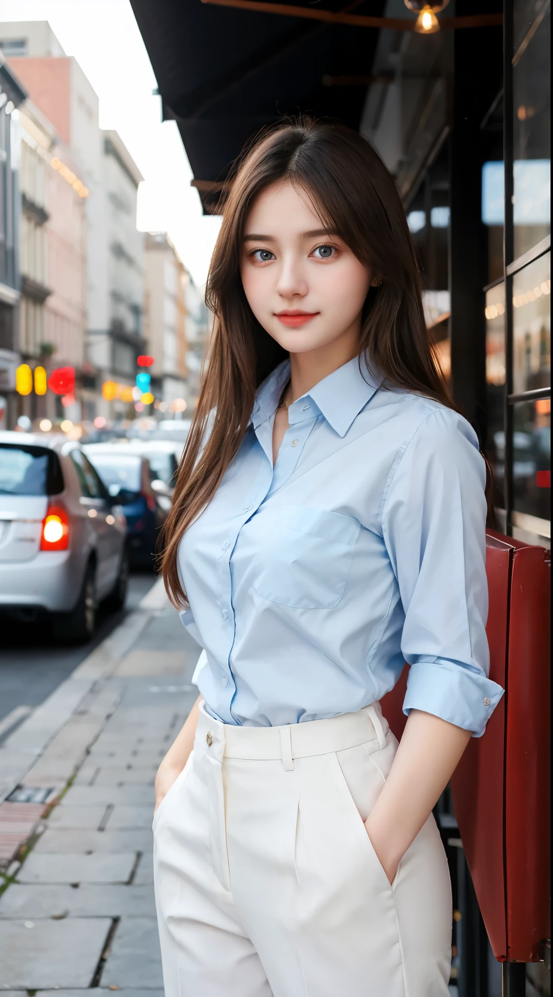 Gorgeus Girl, Beautiful, Baby Face, 20 Years Old, White Skin, Sexy Pose, woman trousers, Blue Eye, Bokeh, cafe Background, Masterpiece, Fullbody Shot, business suits, long red shirt