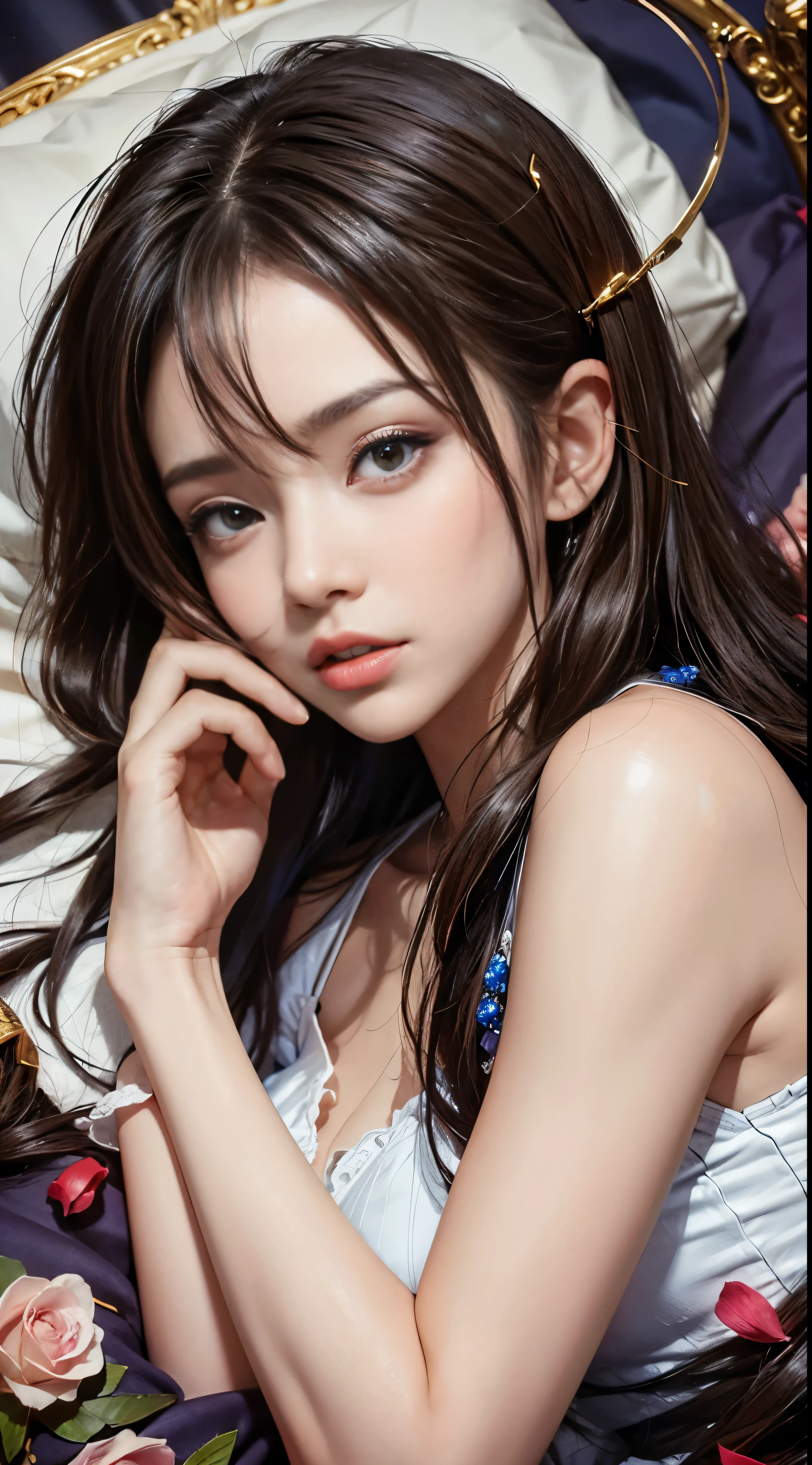 (One Girl:1.3), Cinematic Light, (Tabletop, highest quality, highest quality, beautifully、aesthetic:1.3), Very detailed,Best details,(Very detailed),, From above,(( Lying in bed)), alone, ?????, Silky long hair, (Brown Hair), Roses were scattered in the flowerbed., ((suit)), ((shirt)), Open ?????,Big ?????,Accurate finger drawing,Anatomically correct hand