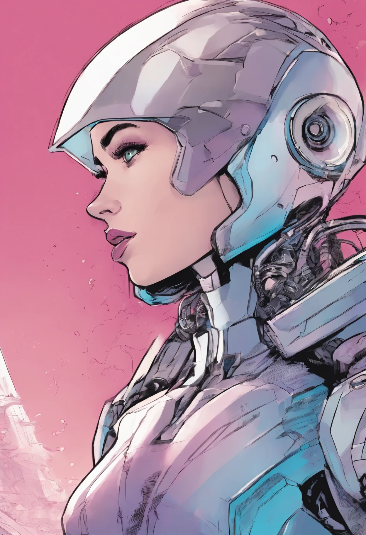 marvel conical panel, adolescente, fair and pale skin, Olhos Azuis Cinzentos, cabelo preto e rosa na altura dos ombros, long eyelashes, terno de androide robo, rosto danificado mostrando olho robotico