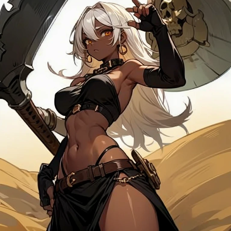Masterpiece, best quality, expressive eyes, perfect face, 1girl, solo, breasts, dark skin, dark-skinned female, skull, golden eyes, large breasts, navel, hair over one eye, white hair, looking at viewer, axe, desert background, sandy background, eyepatch, long hair, weapon, pelvic curtain, elbow gloves, fingerless gloves, belt, chains