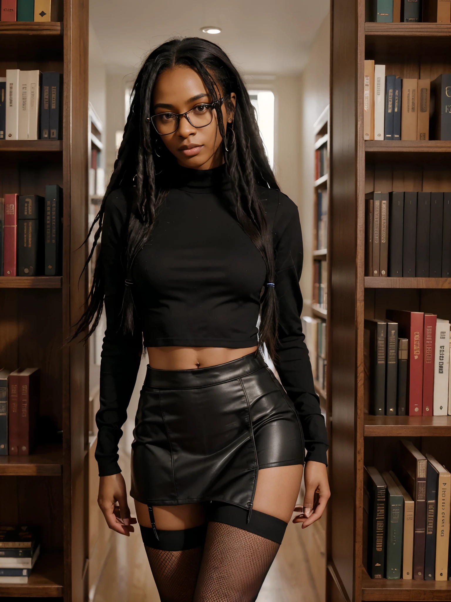 8k, RAW photo, best quality, ultra high resolution, (photorealistic), realistic photo of skinny ebony girl, (slim ebony girl, 20 years old ebony girl, dark skin, slim face, black hair, dreadlocks, dreadlocks hair), in the library, library, tall bookshelves, books, (full body picture), standing posing for formal picture, wearing black long sleeve shirt, (black long sleeve shirt), wearing red skirt (red skirt), wearing black fishnet stockings, (black fishnet stockings), wearing glasses, (glasses), looking at viewer, smirking, (extremely detailed CG unity 8k wallpaper), Sharp focus, (bright light)
