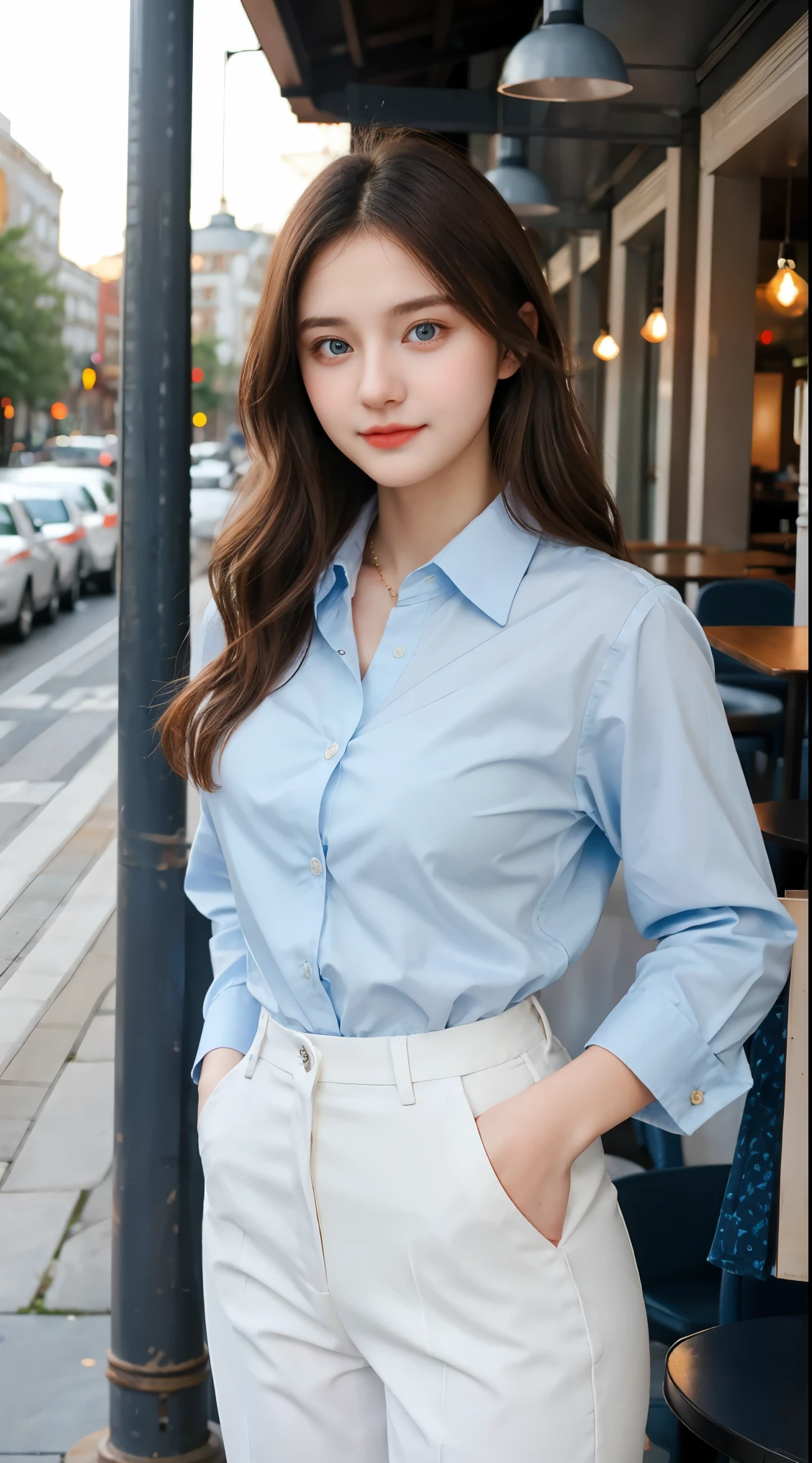 Gorgeus Girl, Beautiful, Baby Face, 20 Years Old, White Skin, Sexy Pose, woman trousers, Blue Eye, Bokeh, cafe Background, Masterpiece, Fullbody Shot, business suits, long red shirt