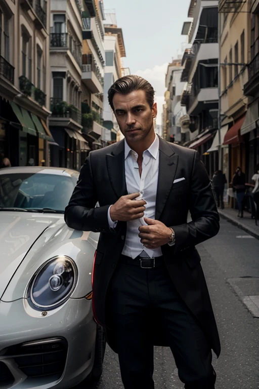 Descreva a cena em uma rua movimentada da cidade, with tall buildings and bright lights in the background. The man is standing on the hood of his Porsche, displaying your wealth and confidence.
Porsche is a sporty and luxurious model, With elegant lines and a flawless finish. Descreva sua cor brilhante, like metallic silver or intense red, to emphasize the prestige of the car.
The man is wearing an elegant, tailored suit, com uma gravata combinando. He has his arms crossed, conveying a sense of power and security. Seu rosto exibe um sorriso satisfeito, showing your confidence and gratification for your achievement.
Ao redor da cena, depict people in the background who are looking with admiration and envy at the man and his Porsche. Some may be taking photos or commenting on the extravagance and luxurious lifestyle.
The color palette should be dominated by metallic and shiny tones, como prata, cromo e ouro, to reflect the opulence of the environment. Adicione toques sutis de cores vibrantes, como vermelho ou roxo, to highlight the details of the car and the refined appearance of the man.
Lighting should be created by city lights and car headlights, destacando ainda mais a cena. Adicione reflexos brilhantes no carro e no terno do homem para enfatizar o glamour e a riqueza.
This image should convey a feeling of power, success and ostentation. The focus should be on the man on top of the Porsche hood, enhancing your confidence and luxurious lifestyle. A cena ao redor, com pessoas admirando e a atmosfera da cidade, contribuem para criar um ambiente glamoroso e cheio de status.
