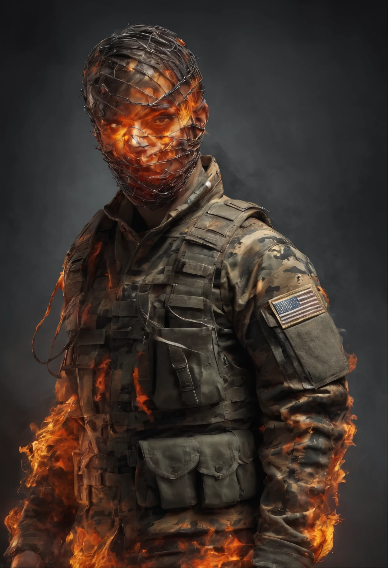 Barbed wire background, American Soldier, Air Force Camouflage Uniform, male, Upright, Fragments, Body covered in flames, Face covered in flames, pure forms, 8k post production, high resolution, Popular on artstation, Sharp focus, Studio Photos, Intricate details