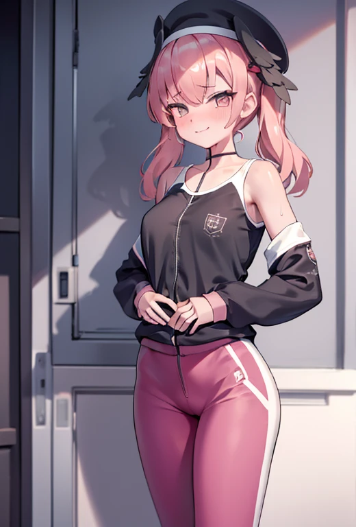 masterpiece,16k,8k,Delicate expression,highest quality,high resolution,High resolution,Sweat,1girl,look at viewer, seductive smile,sweat stains,pink hair,Gym suit