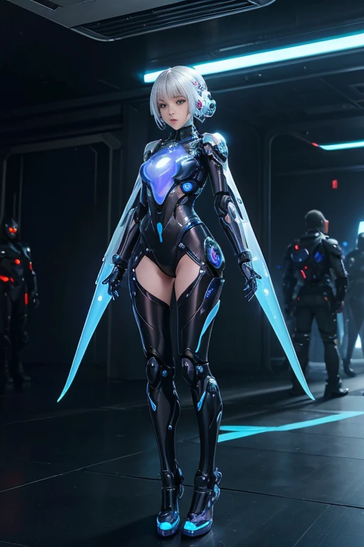 Translucent and Mysterious Mechanical Girls,
All futuristic girls,
All figures have mechanical joints except for the face.,
They all have different body colors,
All perfect human faces,
All heights、The tops are different sizes,
Futuristic city background,
Full Body Shot,
Group selfie、Multipose.