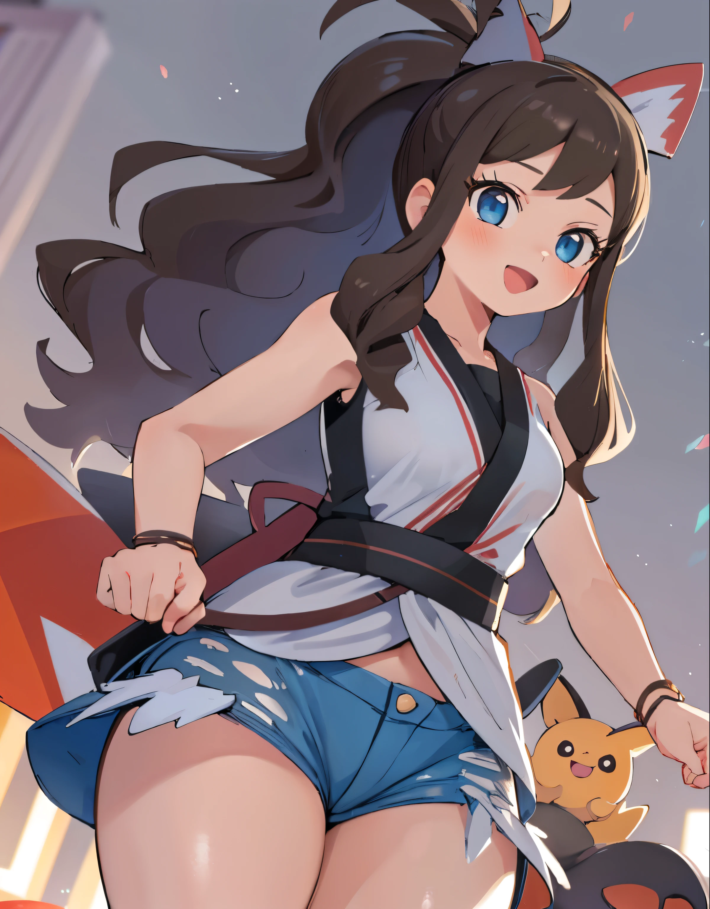 (best quality, high resolution, masterpiece:1.2), Very detailed, Practical:1.37, Hilda Pokémon, Fine particles, beautiful eyes, Definition 1, Curvy beauty, I can see your thighs, Thick thighs, Thighs in foreground, Body Type, Cute expression, Smile, open mouth, Feminine charm,  From below