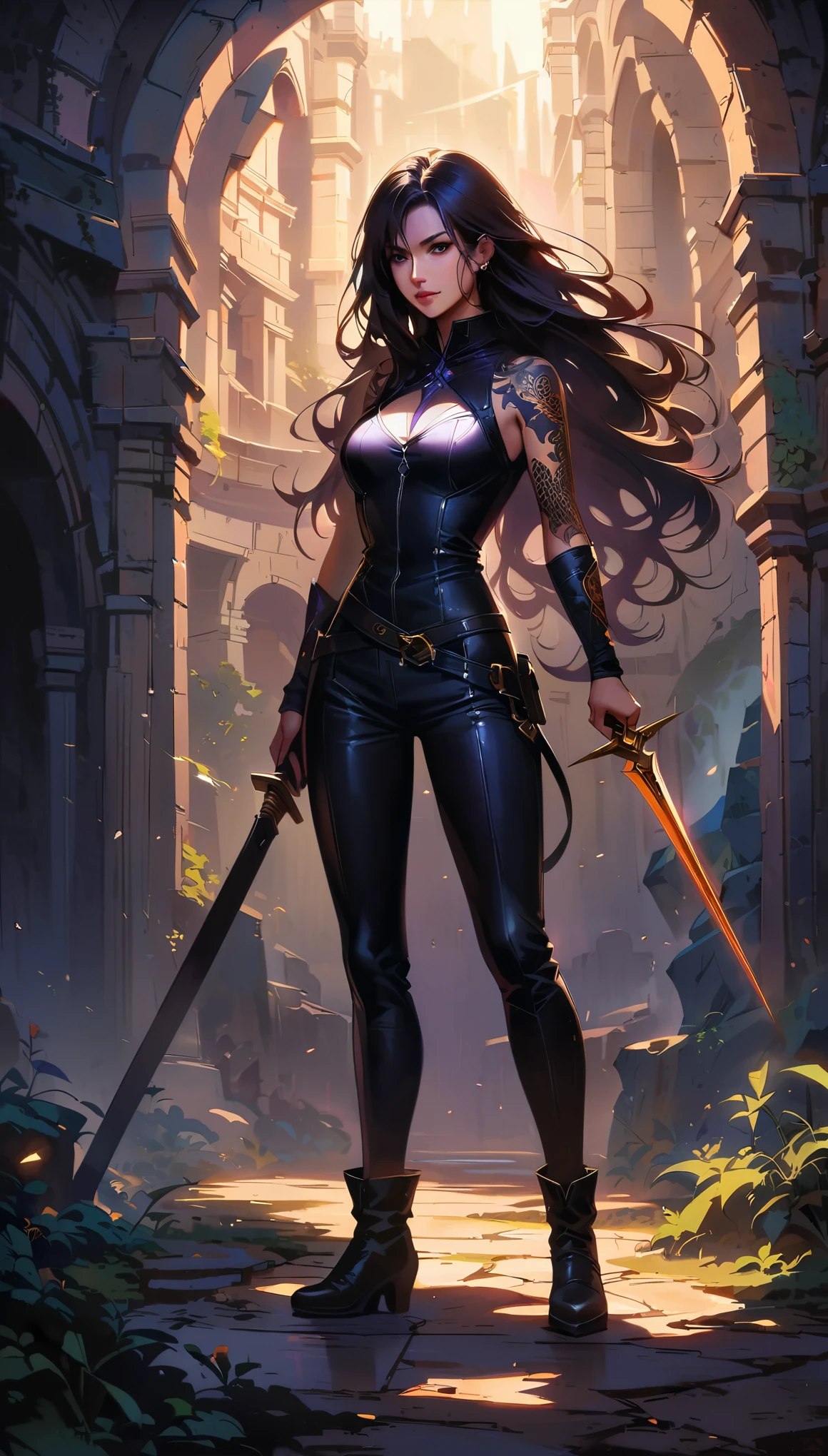 a female assassin in a dark fantasy setting, with long flowing hair in shades of black and purple, Tattood on the face, piercing blue, wearing a sleek black leather outfit , including dragon scales tattoos on her arms,Wearing a pair of pointed long leather boots. She stands in a dimly underground chamber, holding a curved daggers , The scene is illuminated with flickering lightning, casting shadows and enhancing the suspenseful atmosphere. The image is of the highest quality, with extreme attention to detail , showcasing the artist's technical expertise and mastery of light and shadow. The art style is realistic yet with a touch of fantasy.