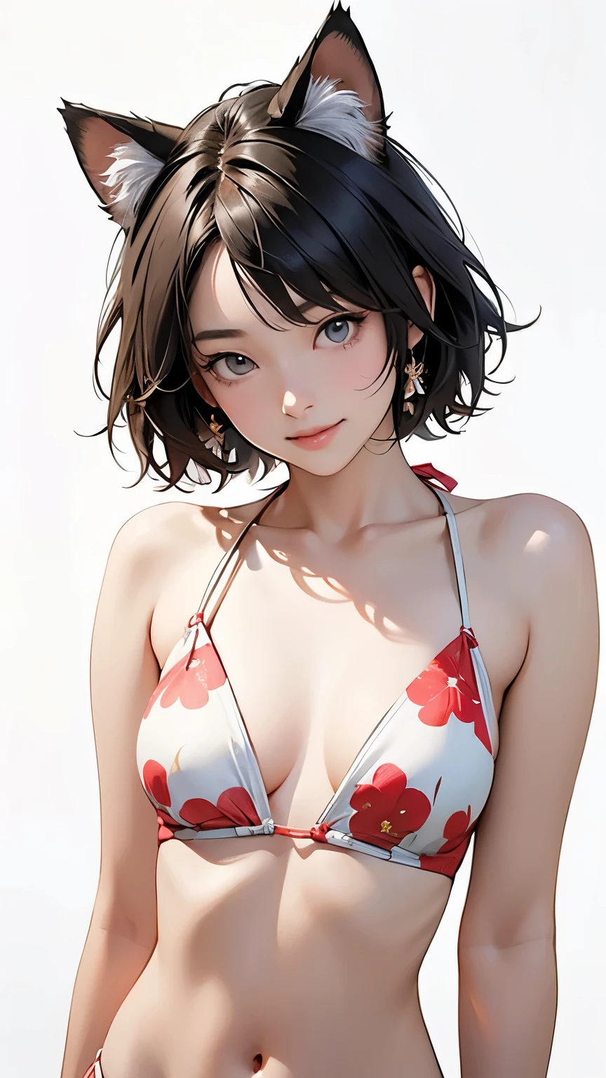 (highest quality、masterpiece、High resolution)、4K Anime Art、((1 person))、(Beautiful Japanese Women、20-year-old)、((whole body))、(natural standing posture)、 (Detailed depiction of a beautiful face)、smile、Small breasts、Slim figure、(Cat ear)、Medium Short Hair、Bobcut、hair ornaments、(Bikinis in ethnic patterns and primary colors)、Tropical flowers and plants、(Blank Background)、((White Background))、