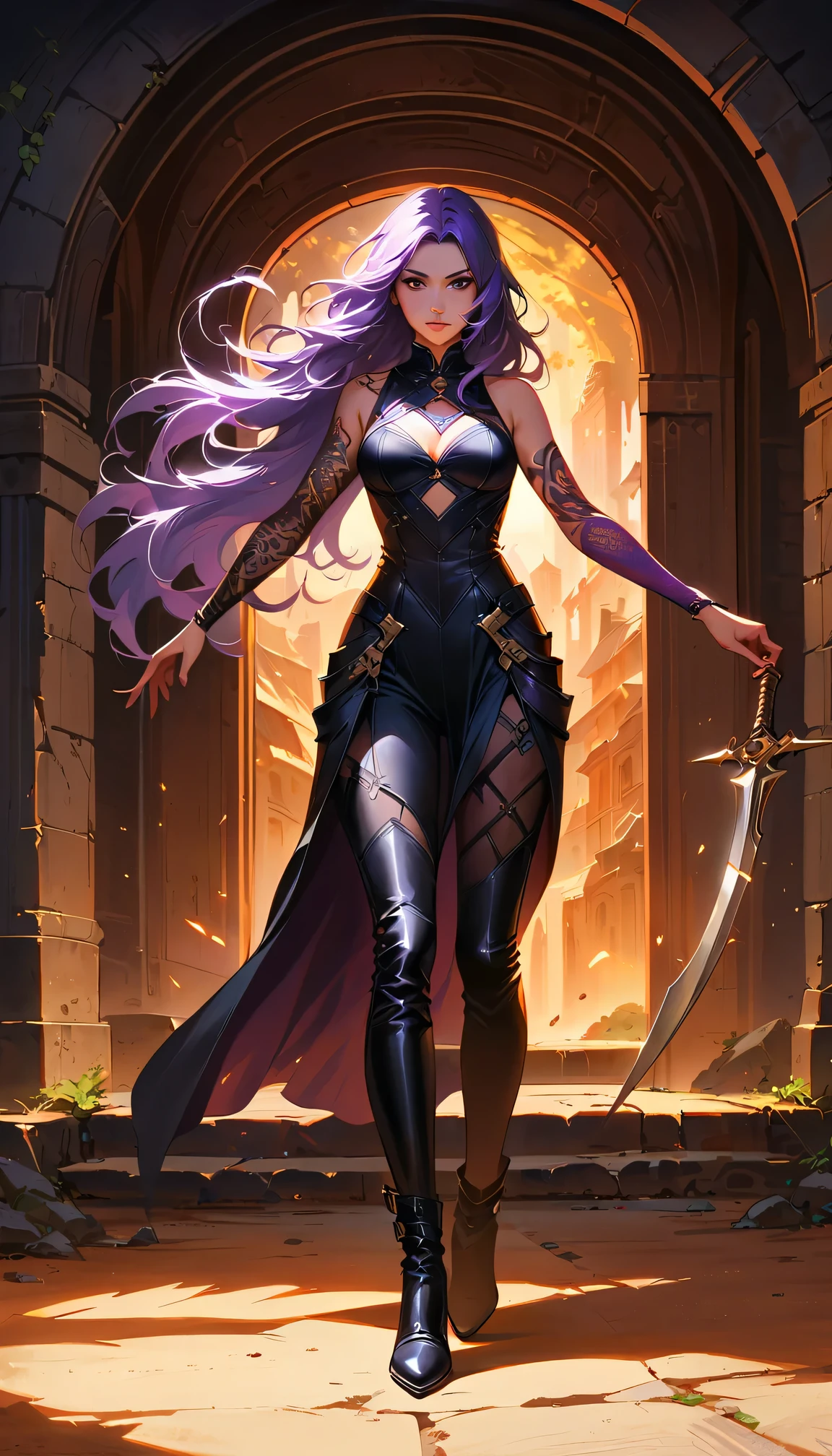 a female assassin in a dark fantasy setting, with long flowing hair in shades of black and purple, Tattood on the face, piercing blue, wearing a sleek black leather outfit , including dragon scales  tattoos on her arms,Wearing a pair of pointed long leather boots. She stands in a dimly underground chamber, holding a curved daggers , The scene is illuminated with flickering lightning, casting shadows and enhancing the suspenseful atmosphere. The image is of the highest quality, with extreme attention to detail , showcasing the artist's technical expertise and mastery of light and shadow. The art style is realistic yet with a touch of fantasy.